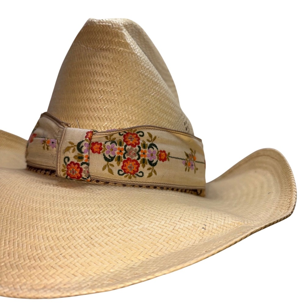 1970s Vintage Straw Stetson Cowboy Hat Floral Embroidered Roadrunner